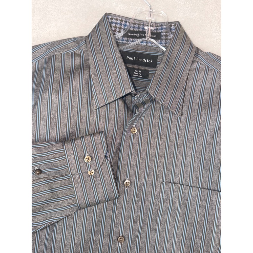 Paul Fredrick Mens 16x33 Slim Fit Non-Iron Cotton Striped Dress Shirt Grey Blue